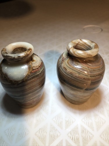2-Small Polished Natural Stone Onyx Vase Natural Earthtones Rich Colors - Picture 2 of 6