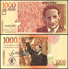 COLOMBIA 1000 PESOS 8/27/2014 UNC JORGE ELIECER GAITAN AT RIGHT,CROWN AT CENTER,