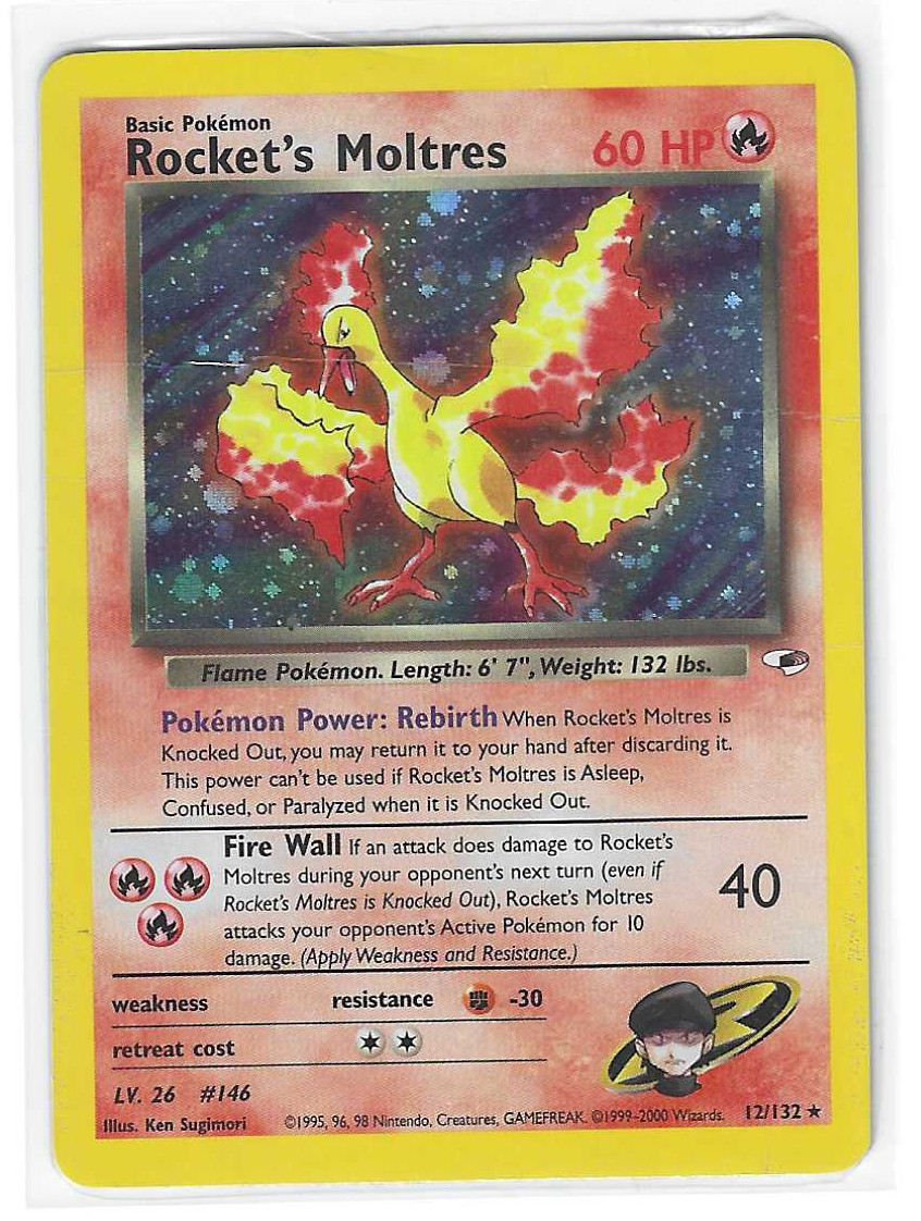 Pokemon Card - Rocket's Moltres 12/132 - Gym Heroes - Unlimited Holo - DMG / HP