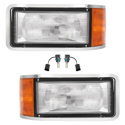 Headlights W/LED Bulbs Driver & Passenger For Mack CH600 CH613 Truck 1991-2006