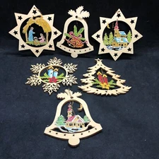6 Laser Cut Wood Christmas Ornaments Stars Snowflake Bells Tree Painted 3" Dia