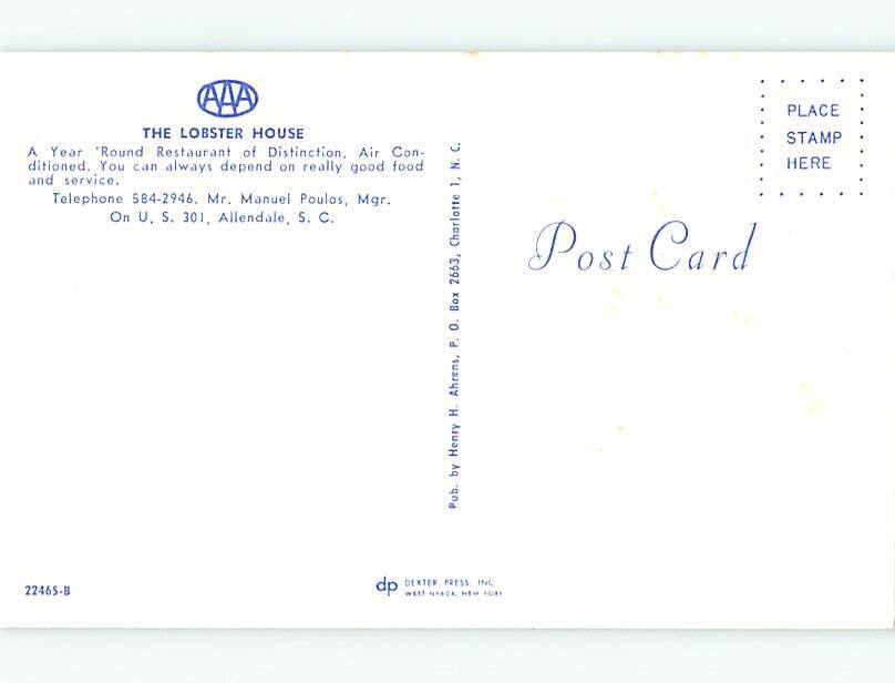 Unused Pre1980 OLD CARS & LOBSTER HOUSE RESTAURANT Allendale SC 60k