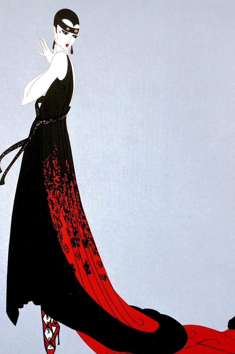 エルテ、ERTE Erte 1982 Matted Print - SPLENDOR Red Dress w Black Lace and Fur