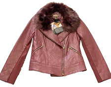 Nwt Iman Genuine Quilted Leather Jacket Faux Fur Neck Size Medium Burgundy