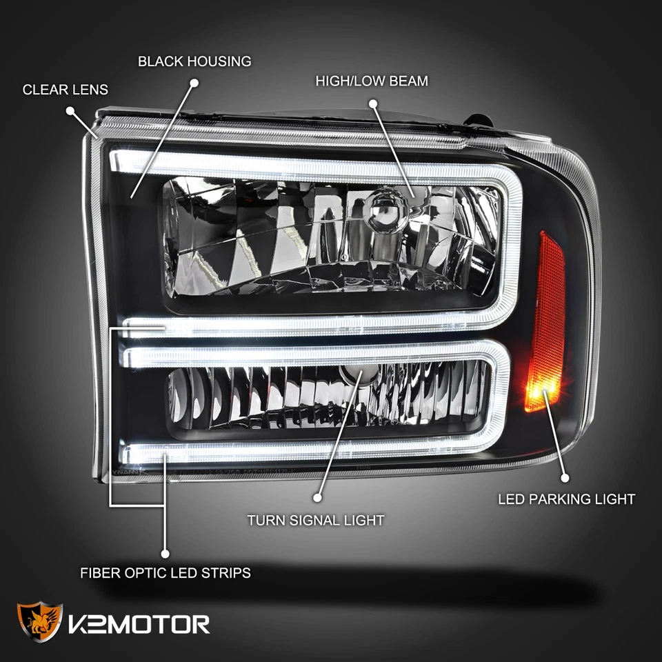 Black Fits 1999-2004 Ford F250 F350 F450 SuperDuty Excursion Headlights LED Tube Foto 3 de 4