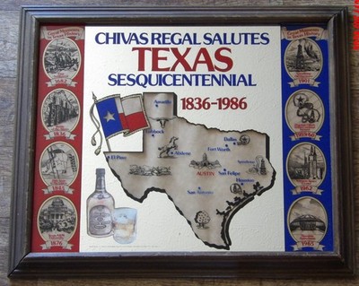 Vintage Chivas Regal Texas Sesquicentannial Framed Mirrored Bar Sign