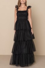 Lulus For Love Black Mesh Tulle Tiered Ruffled Maxi Dress Size S  NWT