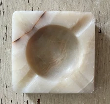 Vintage Mid Century Carved Marble Natural Stone 4” Square Heavy Thick Ashtray