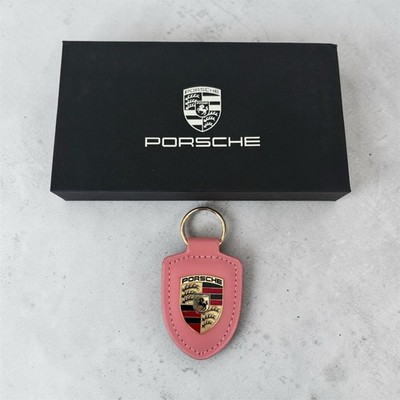 NEW - PORSCHE PINK Emblem Crest Leather Keychain Key Ring Fob Holder Gift Set