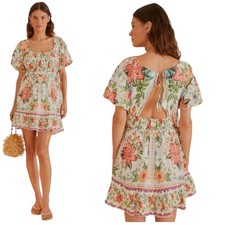 FARM Rio Bloom Garden Off White Dress M Puff Sleeve Mini Boho Cotton Summer NWT