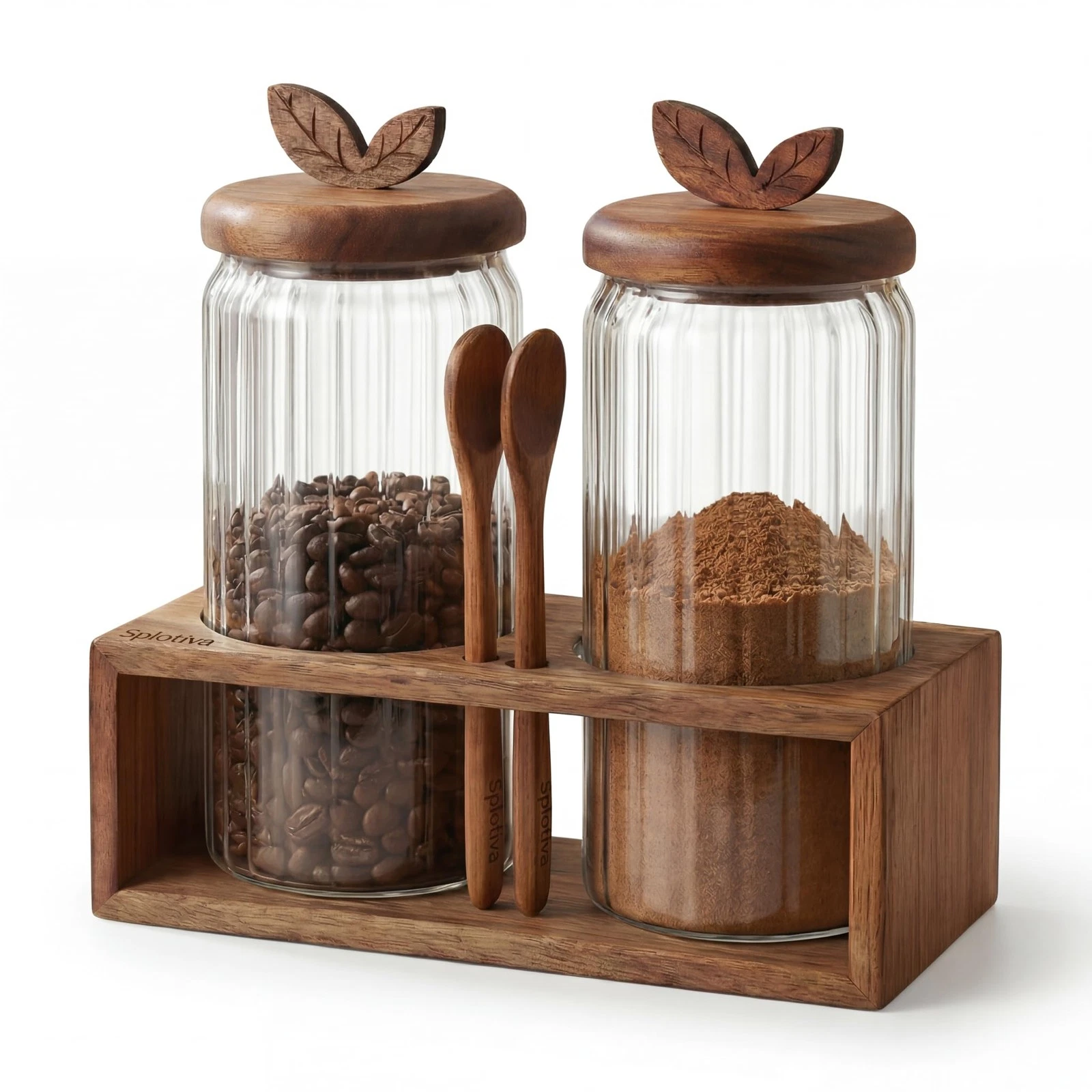 Coffee Bar Glass Canister Set of 2, Airtight Glass Storage Jars with Acacia W...