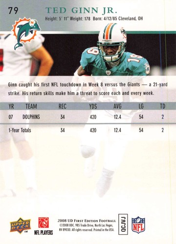 Ted Ginn Jr. 2008 Upper Deck First Edition #79 Miami Dolphins Football - Picture 2 of 2