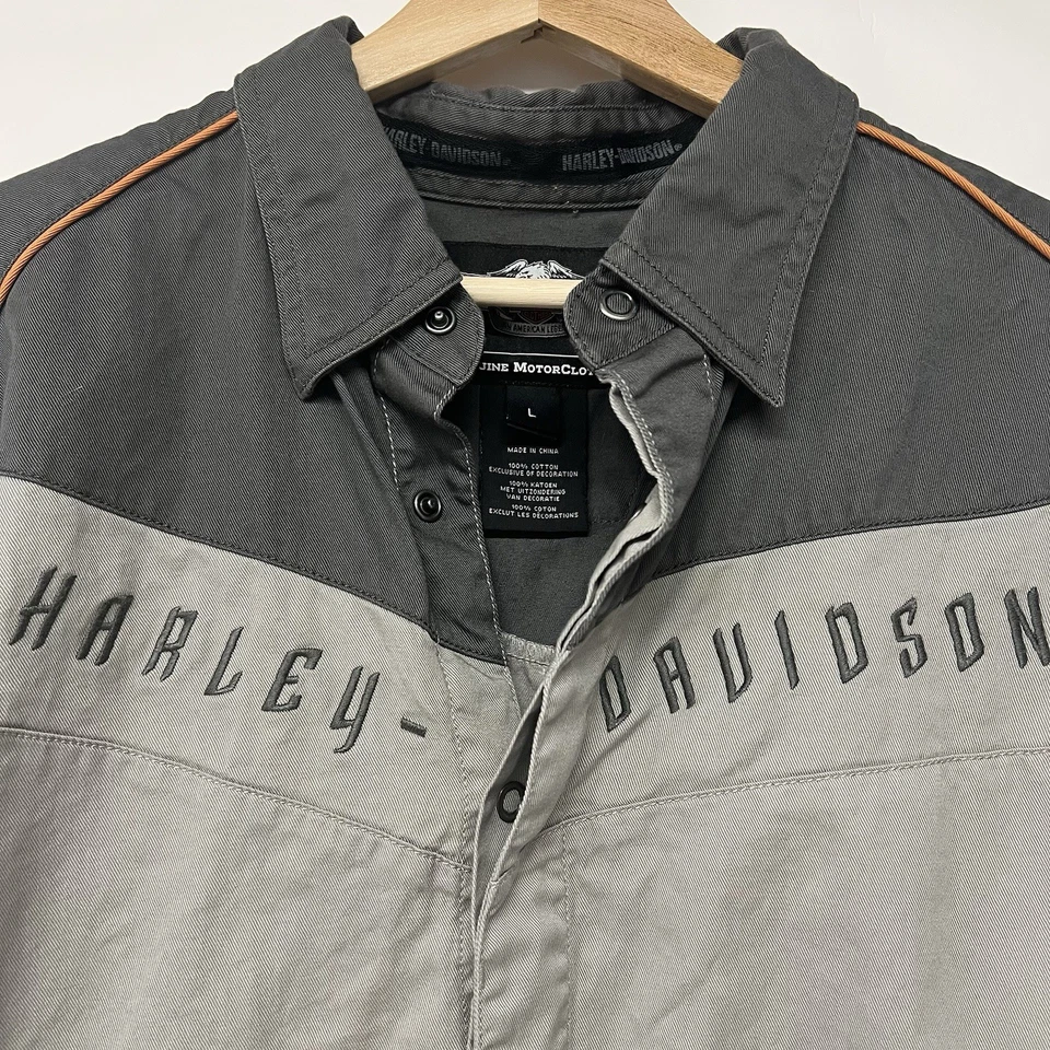 Harley Davidson кожи серый вышитый Snap коротким рукавом рубашка мотоцикла - - Изображение 2 из 4