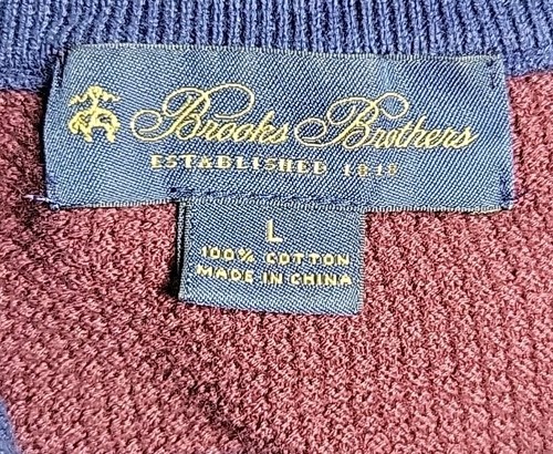 Brooks Brothers Sweater Men's L Navy/Burgundy Rugby Stripe 1/4 Zip Mock Neck - Picture 2 of 10