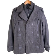 Whispering Smith Gray Lined Double Breasted Heavy Wool Blend Coat Large Read
