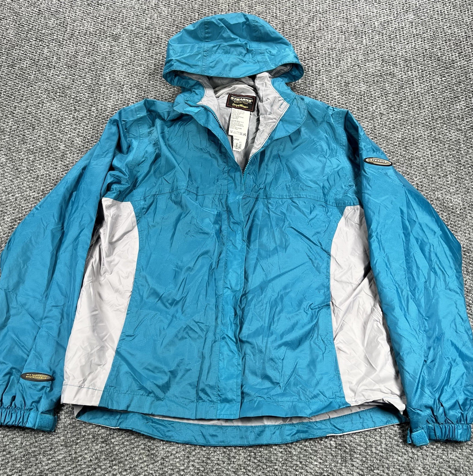 Stearns Dry Wear Mens Large Hooded Winbreaker Rain Coat Jacket Teal Blue Fishing