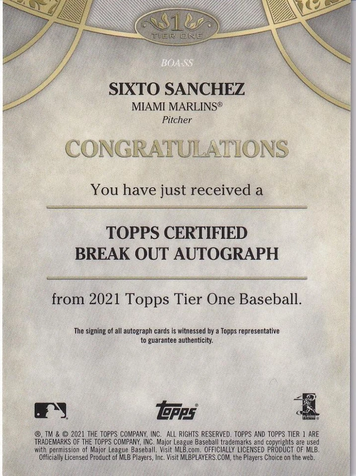 2021 Topps Tier One Miami Marlins Sixto Sanchez Break Out Autographs 175/300 - Image 2 of 2