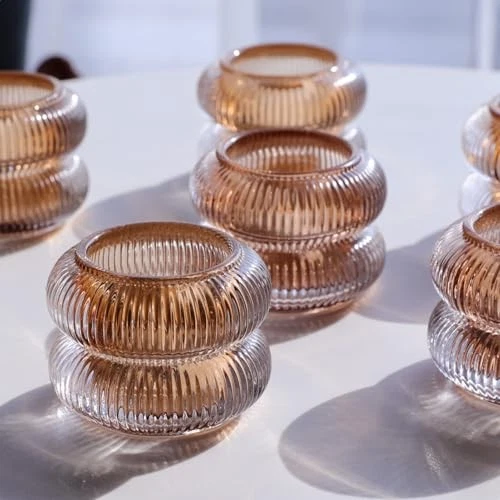  Conjunto de castiçais votivos com nervuras para mesa de casamento, âmbar Tealight 6 marrom - Imagem 2 de 4