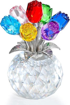 Crystal Colorful Rose Flower Collectible Figurine With Vase Rose Bouquet Floral