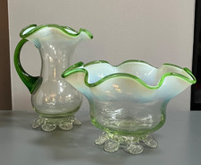 ANTIQUE 19TH C. VICTORIAN STOURBRIDGE GREEN OPALESCENT FRILLY GLASS BOWL & JUG