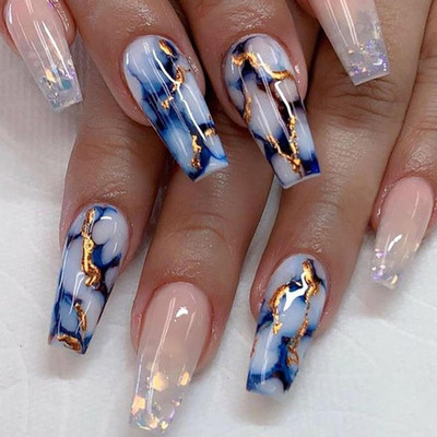 Coffin Press on Nails Medium Length Fake Nails Artificial False Nails with Blue