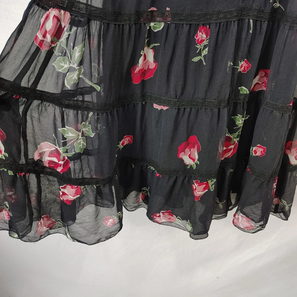 Vestido Nicole Miller Talla 4 De Colección Años 90 100% Seda En Niveles Floral Oscuro Bandeau Correa Lazos Foto 4 de 4