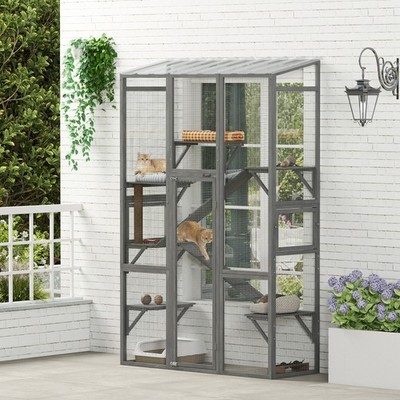 Outdoor Catio Cat Enclosure w/ Platforms, Scratching Post, Gray