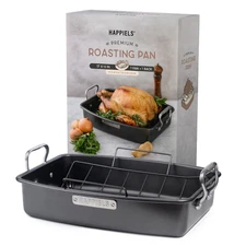 HAPPIELS 17 Inch Roasting Pan with Rack – Heavy Duty Carbon Steel Nonstick Turke