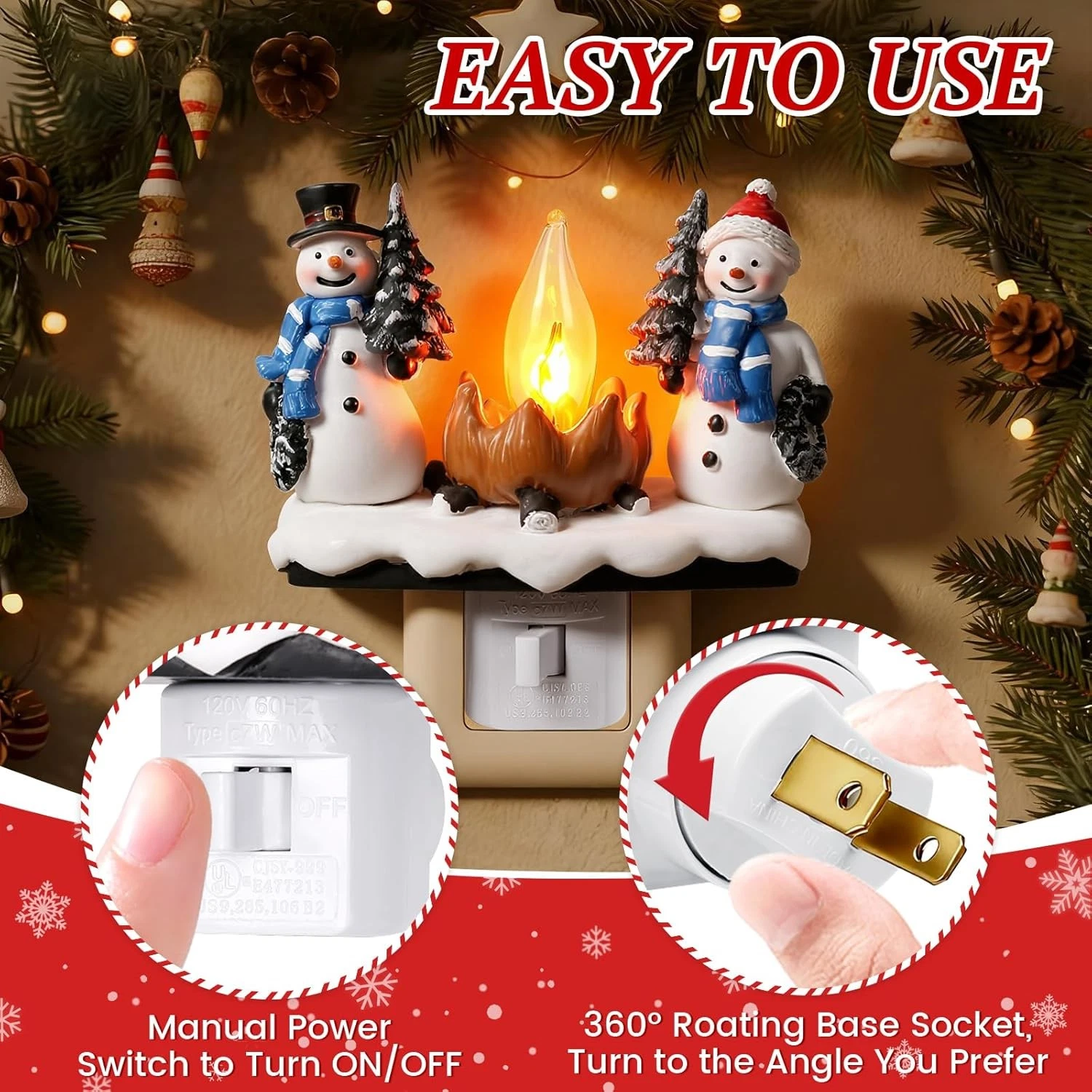 Christmas Snowman Night Light Plug-In, Flickering Flame Lamp for Indoor Holiday - Picture 5 of 6