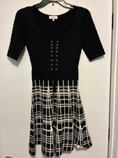 CANDIE'S Black White Textured Lace-Up Fit & Flare Sweater Dress Size XS Stylish!