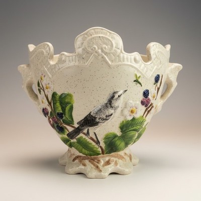 Vintage Majolica Style Ceramic Bird Planter Scalloped Footed Bowl Vase 2 Handles
