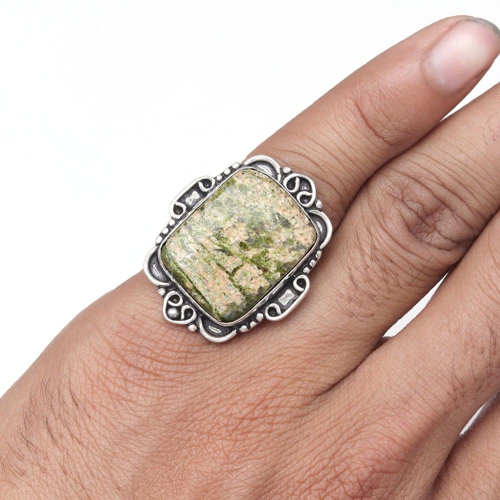 Handmade Unakite Jasper Gemstone Silver Jewelry Size 8