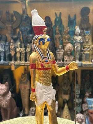 Authentic Ancient Egyptian Antiquities Stone &Gold Leaf Horus Statue Egyptian BC