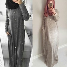 Muslim Dresses Pearl Dubai Abaya Robe Casual Loose Kaftan Maxi Soft Long Sleeve