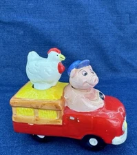 Vintage 1994 Clay Art Hand Painted Pig And Chicken Truck Salt & Pepper Shakers