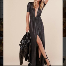 NEW REFORMATION Dark Silver Adeline Maxi Dress Deep V Metallic Midi Dress XS S