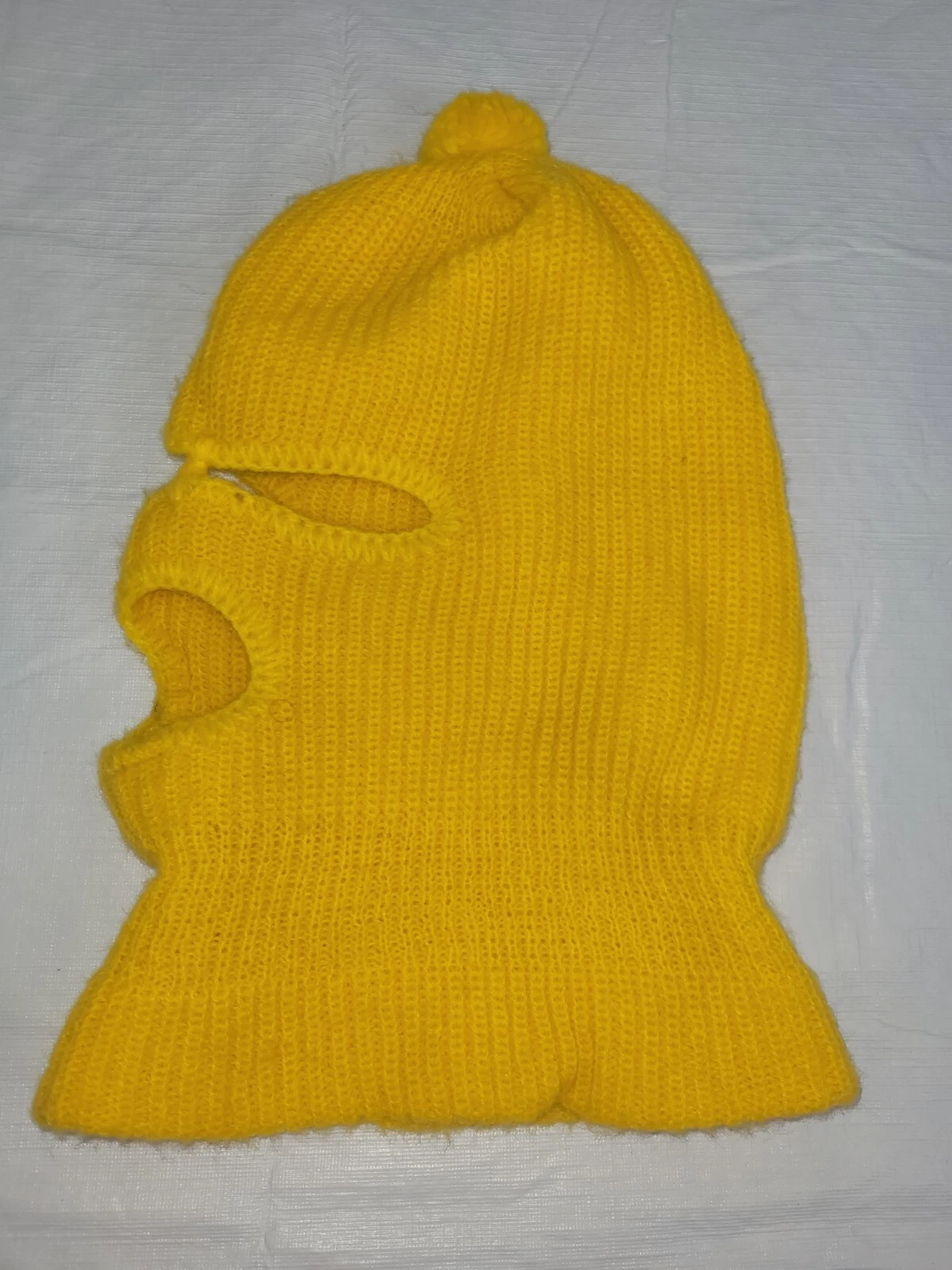Vintage Mustard Yellow Knit 3 Hole Ski Mask Hat Balaclava with Small Pom