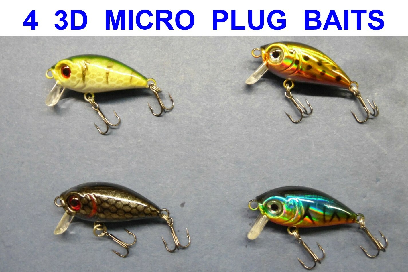 4 MICRO 3D PLUGS JERK CRANK PLUG BAIT SPINNING LURES SNAP BEAN PIKE PERCH TROUT
