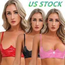 Womens 1/4 Cup Underwired Push Up Bra Lingerie PVC Leather Brassiere Bralette