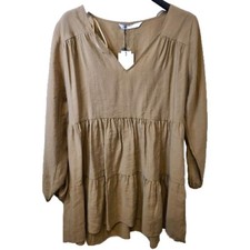 Zara Tan Lyocell Blend V Neck Long Sleeve Tiered Mini Shirt Dress Size XS NWT