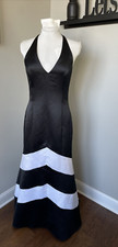 Vtg SCOTT McCLINTOCK Prom Dress Formal Halter Top Sz12 Black White Satin Chevron