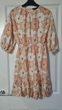 SHENDEL PASTEL PEACH YELLOW CREAM FLOWER PRINT LINEN MIX 3/4 SLEEVE TEA DRESS -8