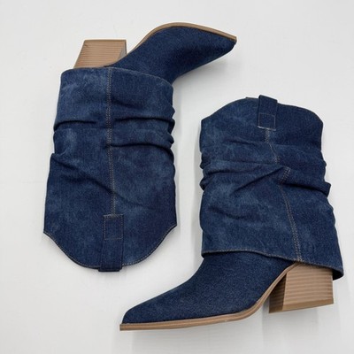 Nine West Wilton Boots Women's Size 9.5 Blue Denim Western Mid Calf Block Heel