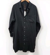 NEW Quince Dress Womens Sz L Black European Linen Knee Shirt Pockets Long Sleeve