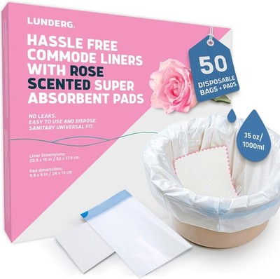 Commode Liners with Absorbent Pads 50 Count Rose Scent Disposable Fit