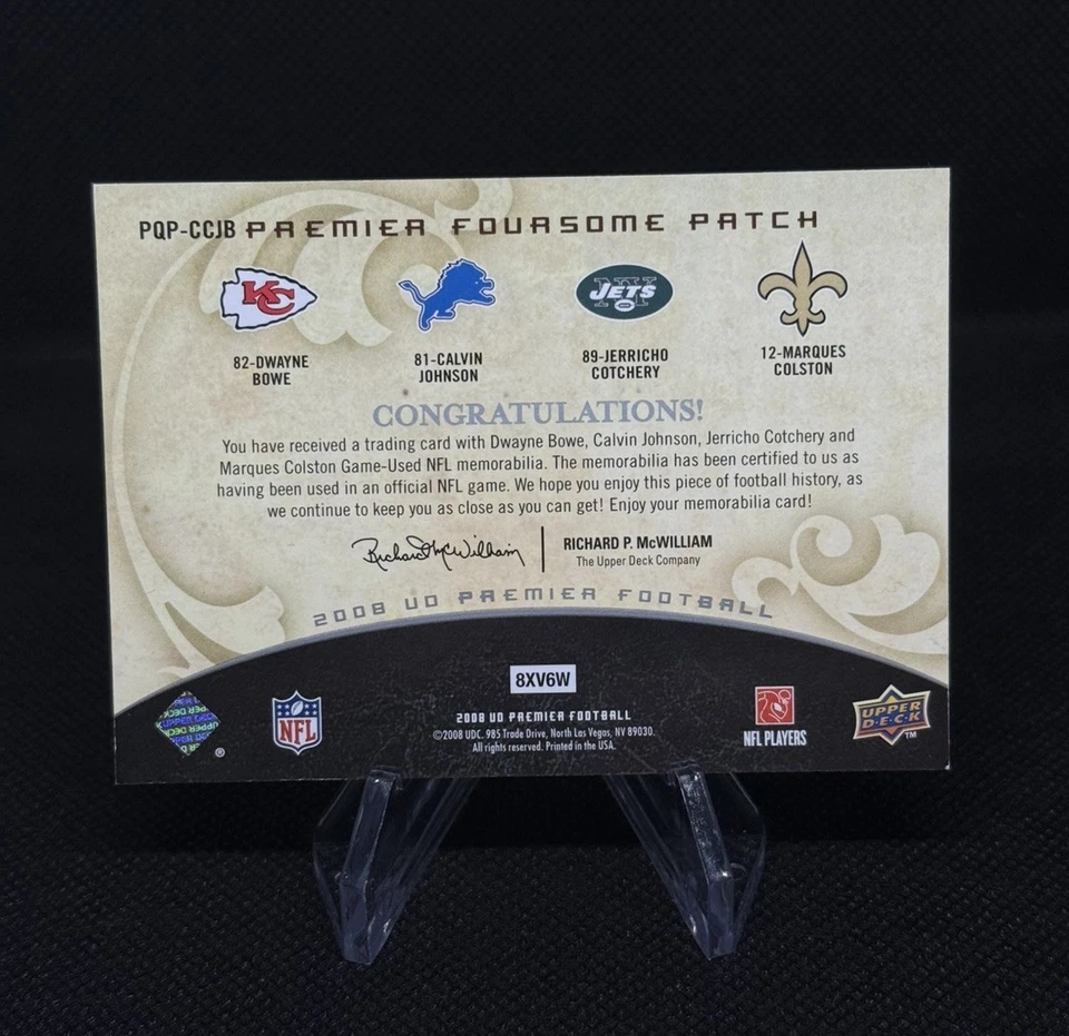 2008 UD Premier Foursome Patch Bowe, Johnson, Cotchery, Colston. Ношеные в игре /45 - Изображение 2 из 2