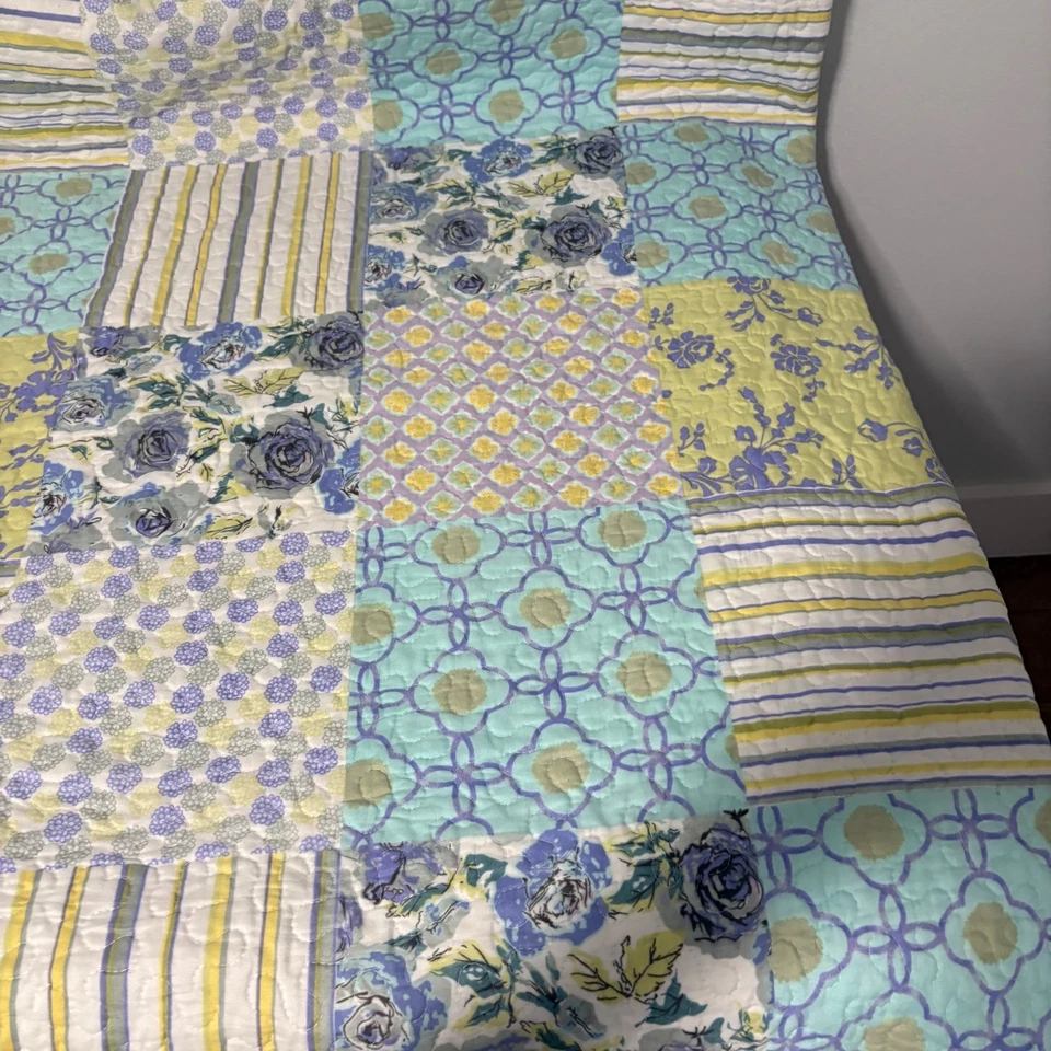 Edredón Reversible Patchwork Completo/Reina Amarillo Azul Floral Rayas 86x86 Algodón Foto 2 de 4