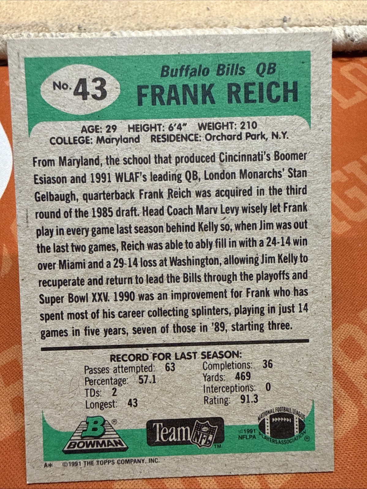 1991 Bowman - Frank Reich #43