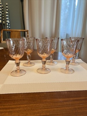 6 Vintage Arcoroc Rosaline Pink Swirl Wine Goblet Glass France | 5.5  4-oz