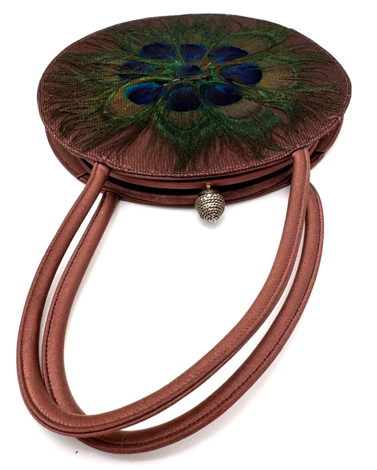Bolso de Mano Vintage Originales por Helene Pluma de Pavo Real Marrón Satinado Cierre de Bellota Foto 4 de 4
